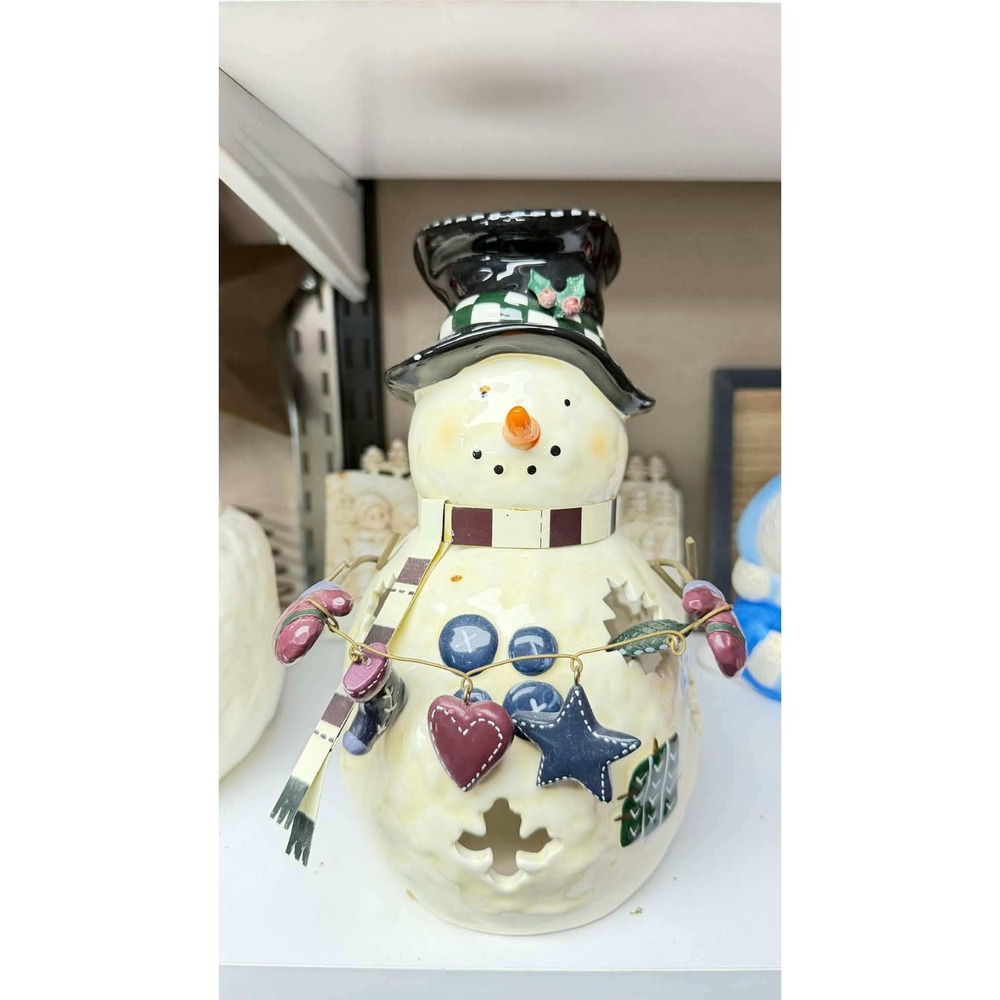 Ceramic Snowman Tea Light Candle Holder Rustic Winter Decor